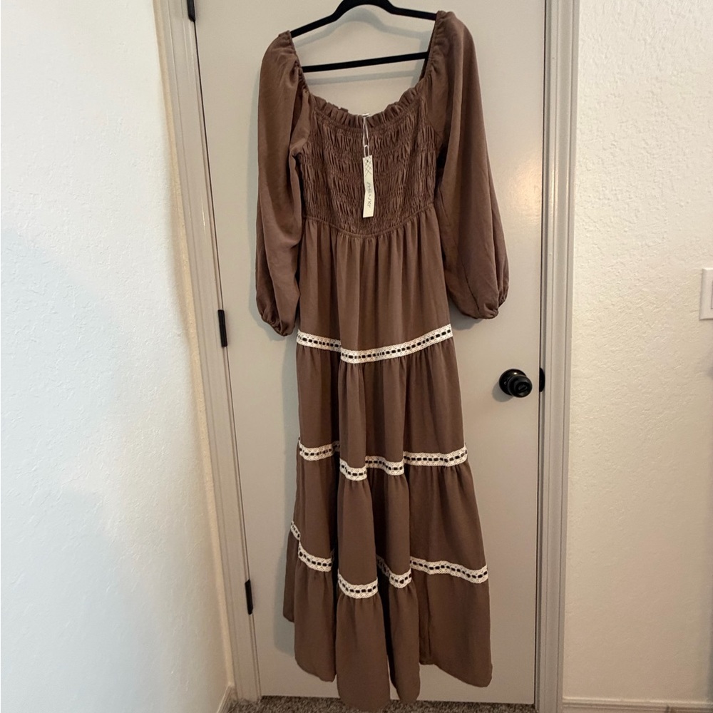 Lash Next Door Elegant Brown Maxi Dress with Lace Trim